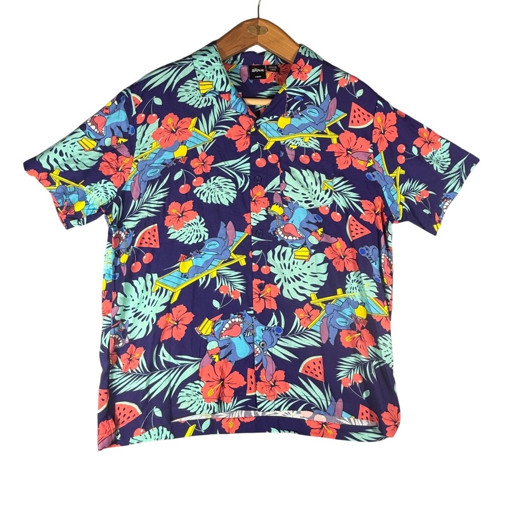 Disney Stitch Mens Tropical Hawaiian Button Collar Shirt Navy Blue  Large L Lilo